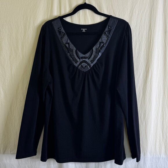 St Johns Bay Black Embellished Beaded & Embroidered Long Sleeve Top Size 1X - Picture 1 of 5